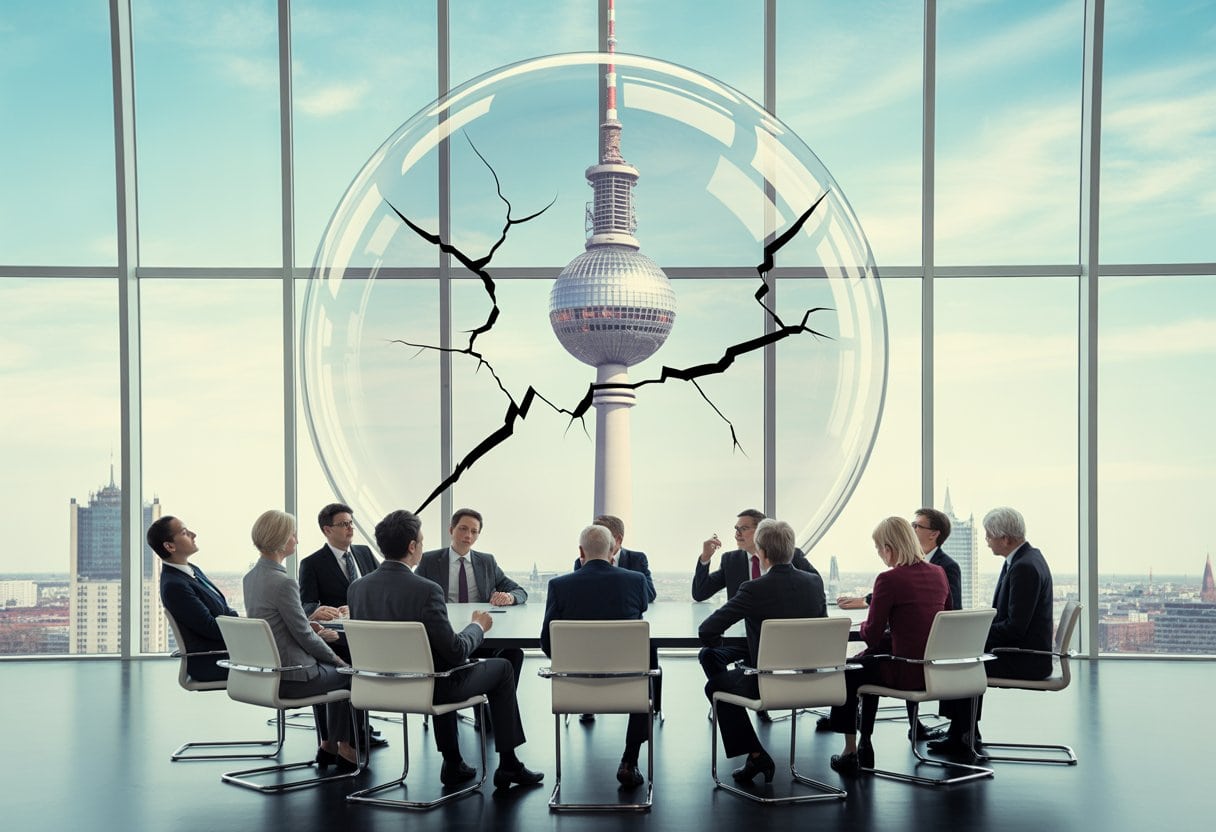 Politiker in einem Konferenzraum diskutieren ernsthaft, während im Hintergrund eine große Blase mit dem Berliner Fernsehturm zu sehen ist, die zu platzen scheint.