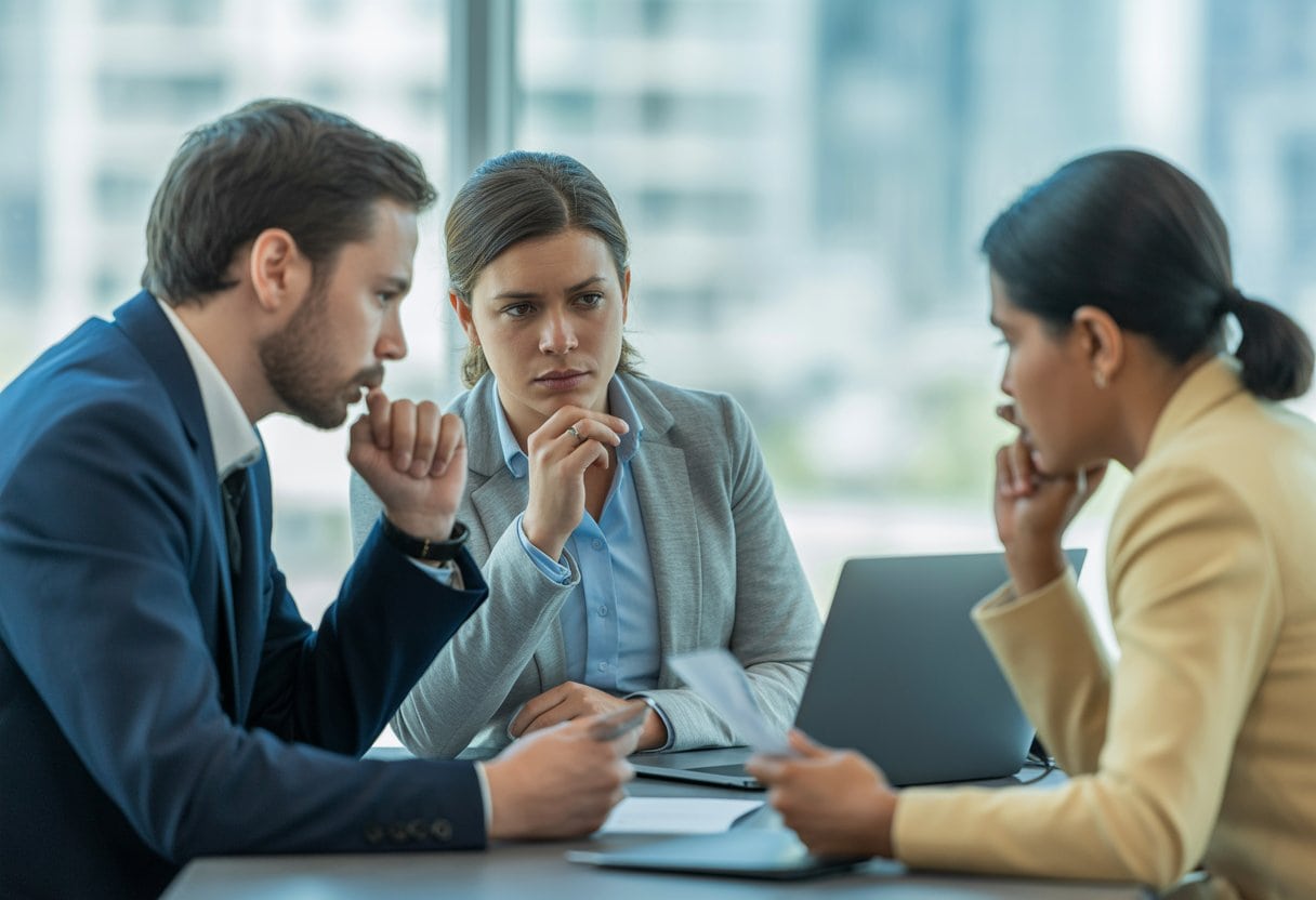 Die AfD-Lüge: Warum Protest nicht gleich Alternative ist – Ein umfassender Faktencheck 2 Drei Personen sitzen an einem Tisch in einem Büro und führen eine ernste Diskussion.