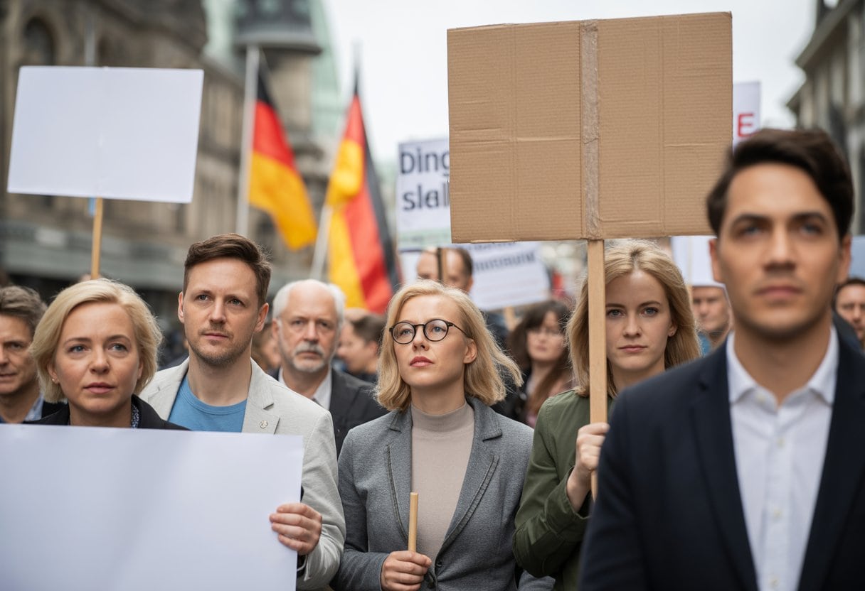 Die AfD-Lüge: Warum Protest nicht gleich Alternative ist – Ein umfassender Faktencheck 3 Eine Gruppe von Menschen bei einer friedlichen Demonstration in einer deutschen Stadt, die Schilder ohne Text halten.
