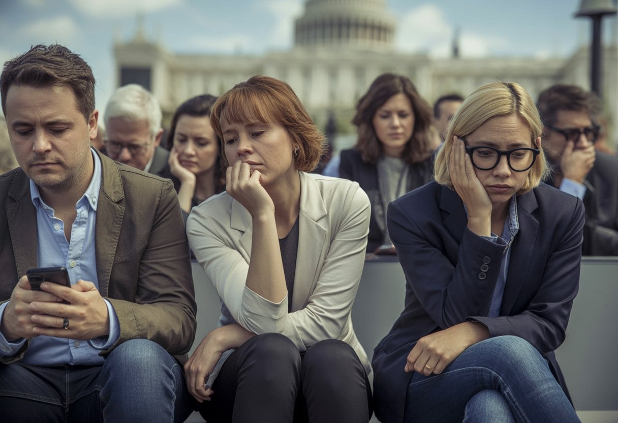 Demokratie-Müdigkeit: Stirbt die Republik an Politikverdrossenheit? 1 Eine Gruppe von Menschen sitzt müde und nachdenklich in einem öffentlichen Raum mit einem Regierungsgebäude im Hintergrund.