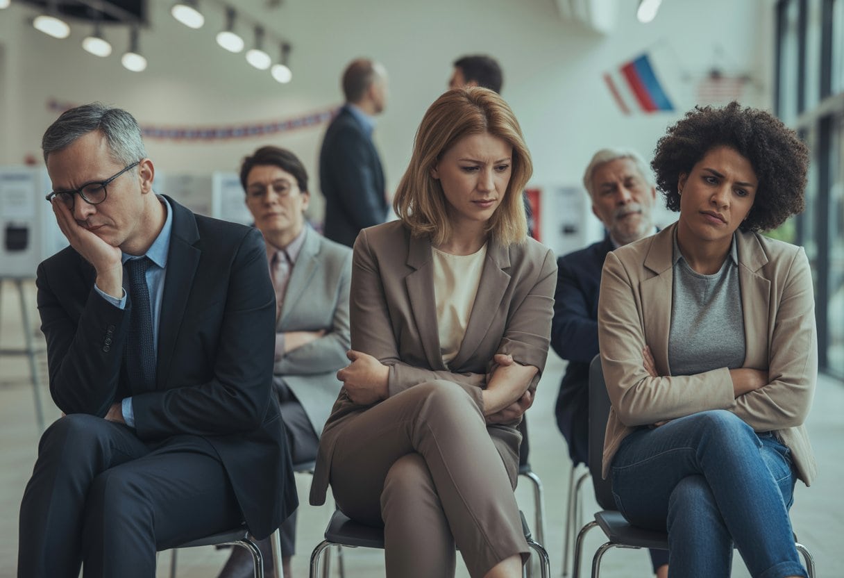 Demokratie-Müdigkeit: Stirbt die Republik an Politikverdrossenheit? 2 Eine Gruppe von Erwachsenen sitzt gelangweilt und desinteressiert in einem öffentlichen Gebäude, ihre Körperhaltung zeigt Frustration und Politikverdrossenheit.
