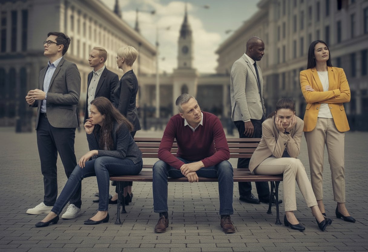 Demokratie-Müdigkeit: Stirbt die Republik an Politikverdrossenheit? 3 Menschen verschiedener Altersgruppen und Herkunft in einem öffentlichen Platz wirken nachdenklich und distanziert, im Hintergrund ist ein Regierungsgebäude zu sehen.