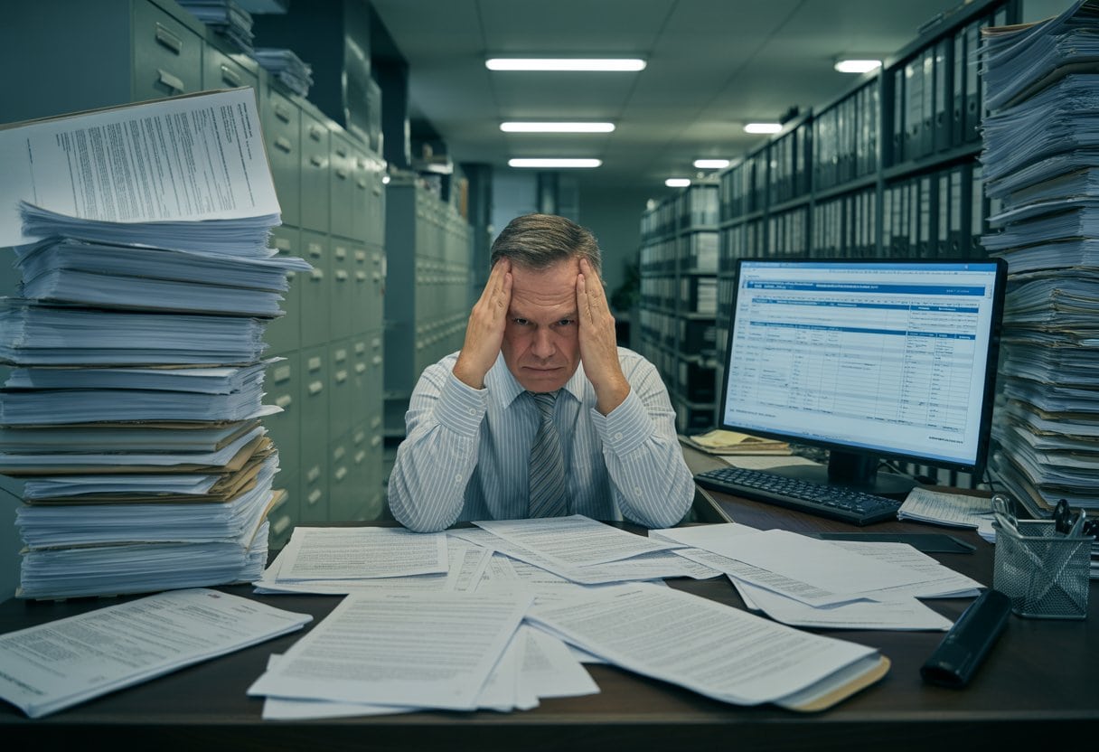 Deutsche Bürokratie: Wenn Formulare wichtiger sind als Menschen – Ursachen, Folgen und Reformen 1 Ein gestresster Mann sitzt an einem überfüllten Schreibtisch mit vielen Formularen in einem Büro.