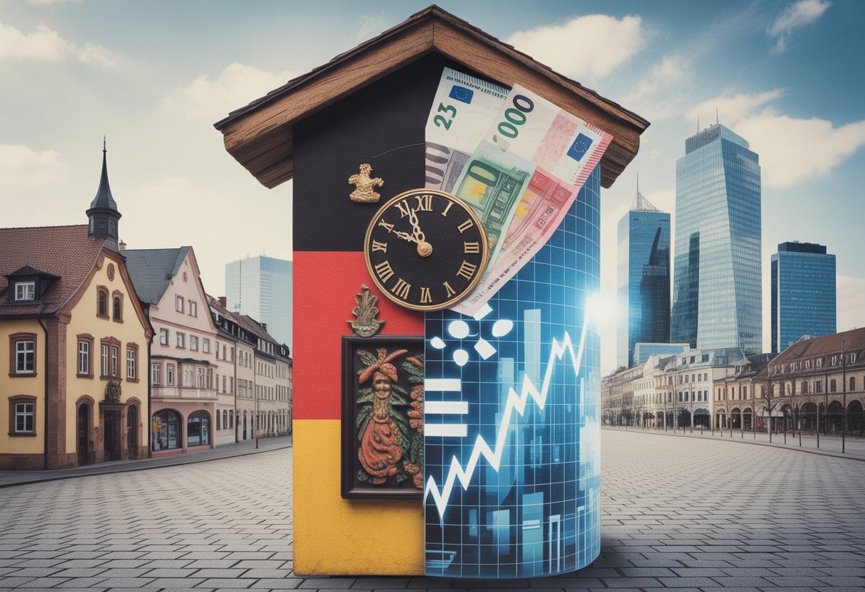 Warum Deutschland seine Kultur an den Kapitalismus verkauft hat: Hintergründe, Folgen und Debatten 1 Eine Szene, die traditionelle deutsche Kultur mit modernen wirtschaftlichen Symbolen kombiniert, vor einem Hintergrund aus historischem Stadtkern und moderner Skyline.
