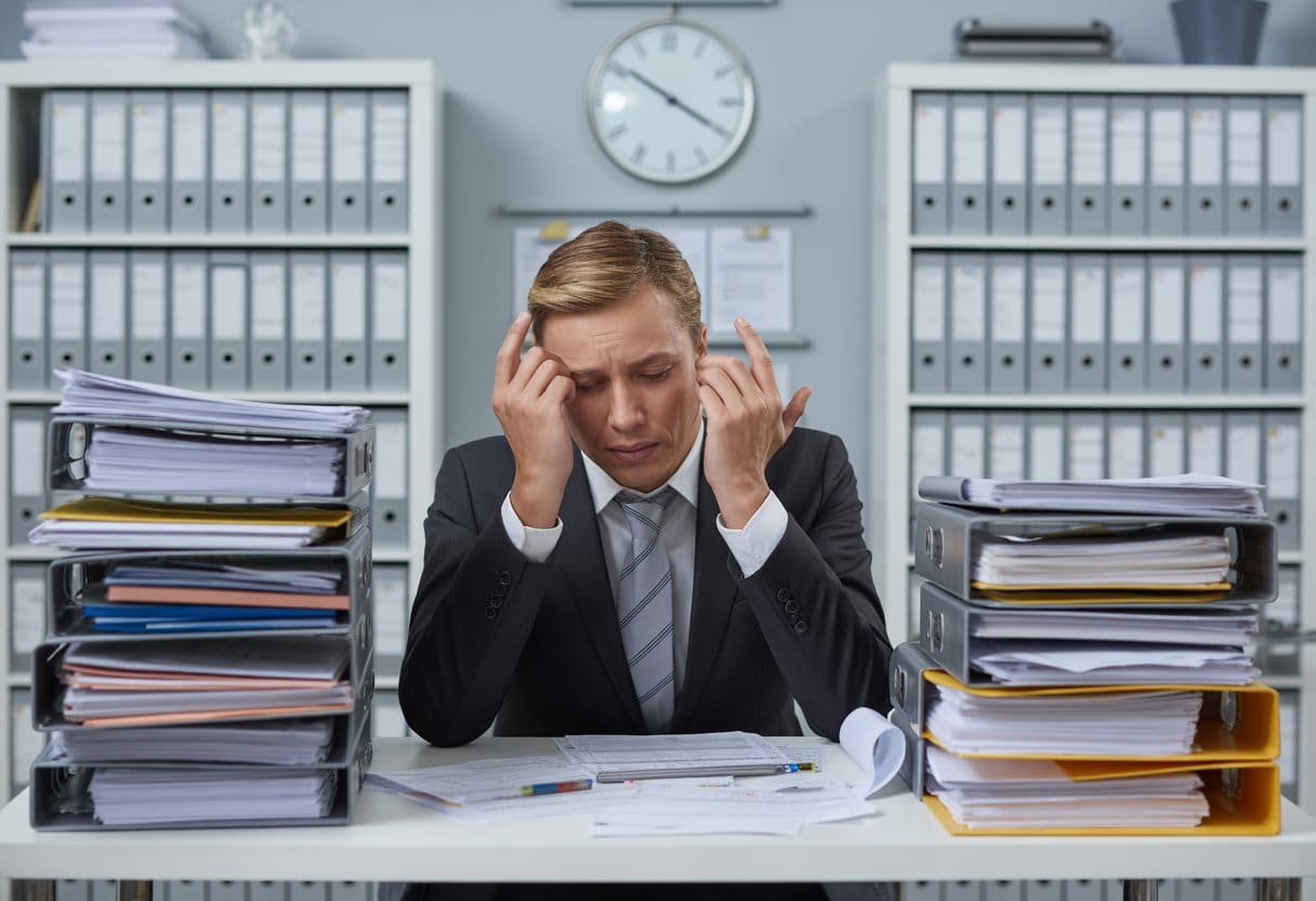 Deutsche Bürokratie: Wenn Formulare wichtiger sind als Menschen – Ursachen, Folgen und Reformen 2 Ein gestresster Büroangestellter sitzt an einem Schreibtisch voller Formulare und Akten in einem modernen Büro.