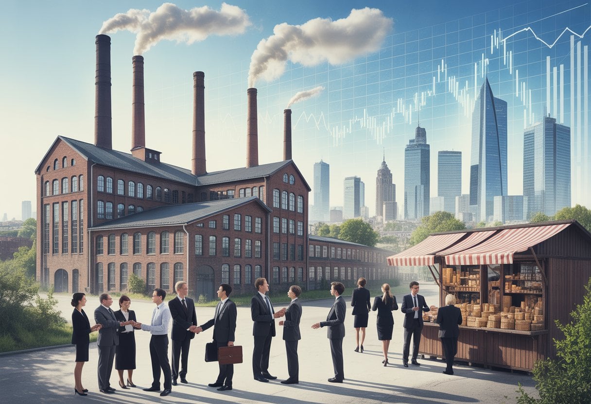 Warum Deutschland seine Kultur an den Kapitalismus verkauft hat: Hintergründe, Folgen und Debatten 2 Eine alte Fabrik mit Schornsteinen vor einer modernen deutschen Stadtsilhouette, im Vordergrund Geschäftsleute, die sich unterhalten und Händeschütteln.