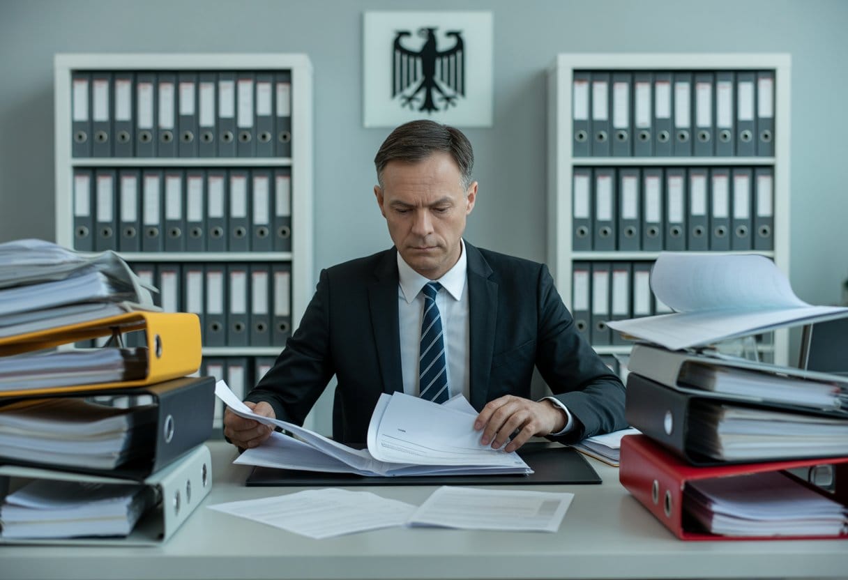 Deutsche Bürokratie: Wenn Formulare wichtiger sind als Menschen – Ursachen, Folgen und Reformen 3 Ein Mann in einem Büro sitzt an einem Tisch voller Formulare und Akten, wirkt konzentriert und überfordert, im Hintergrund sind Regale mit Ordnern und ein deutsches Bundesadler-Emblem an der Wand zu sehen.