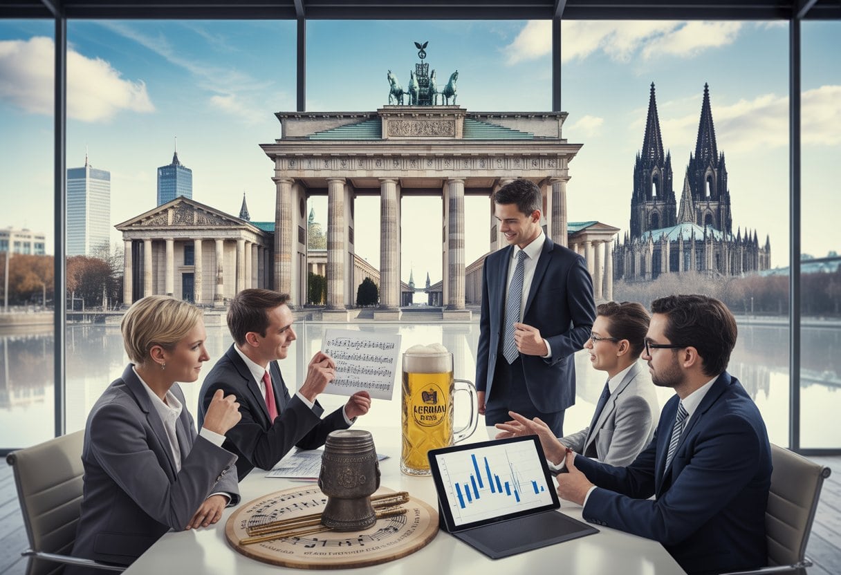 Warum Deutschland seine Kultur an den Kapitalismus verkauft hat: Hintergründe, Folgen und Debatten 3 Geschäftsleute diskutieren in einem Büro mit Blick auf deutsche Wahrzeichen und kulturelle Gegenstände auf dem Tisch.