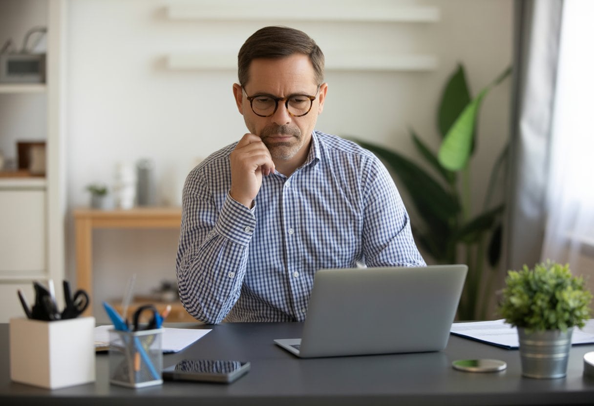 Ein mittelalter Mann in einem karierten Hemd sitzt konzentriert an einem Schreibtisch mit Laptop in einer ordentlichen Wohnung.