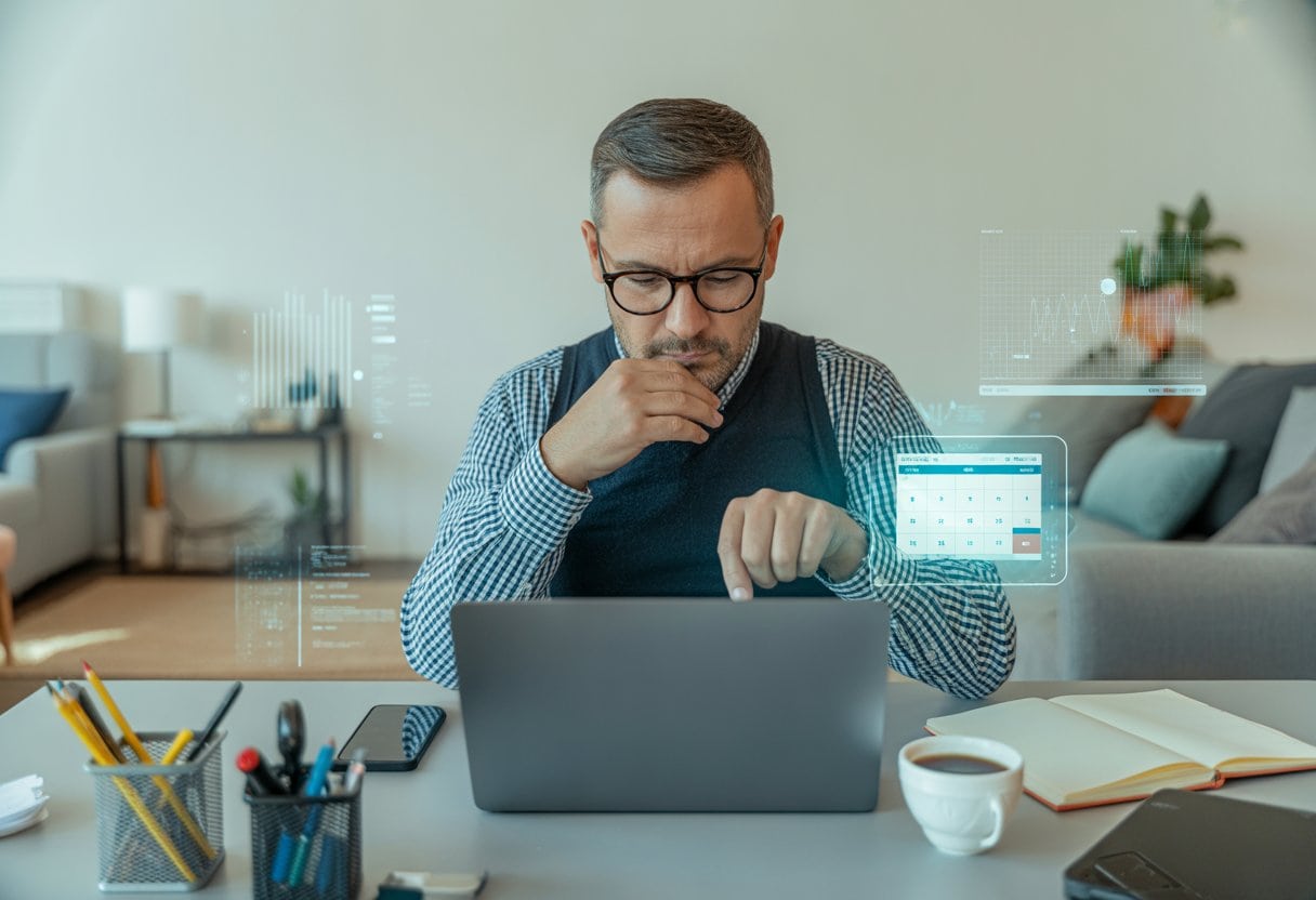 Ein mittelalter Mann mit Brille sitzt an einem Schreibtisch und arbeitet konzentriert an einem Laptop in einem aufgeräumten Zimmer.