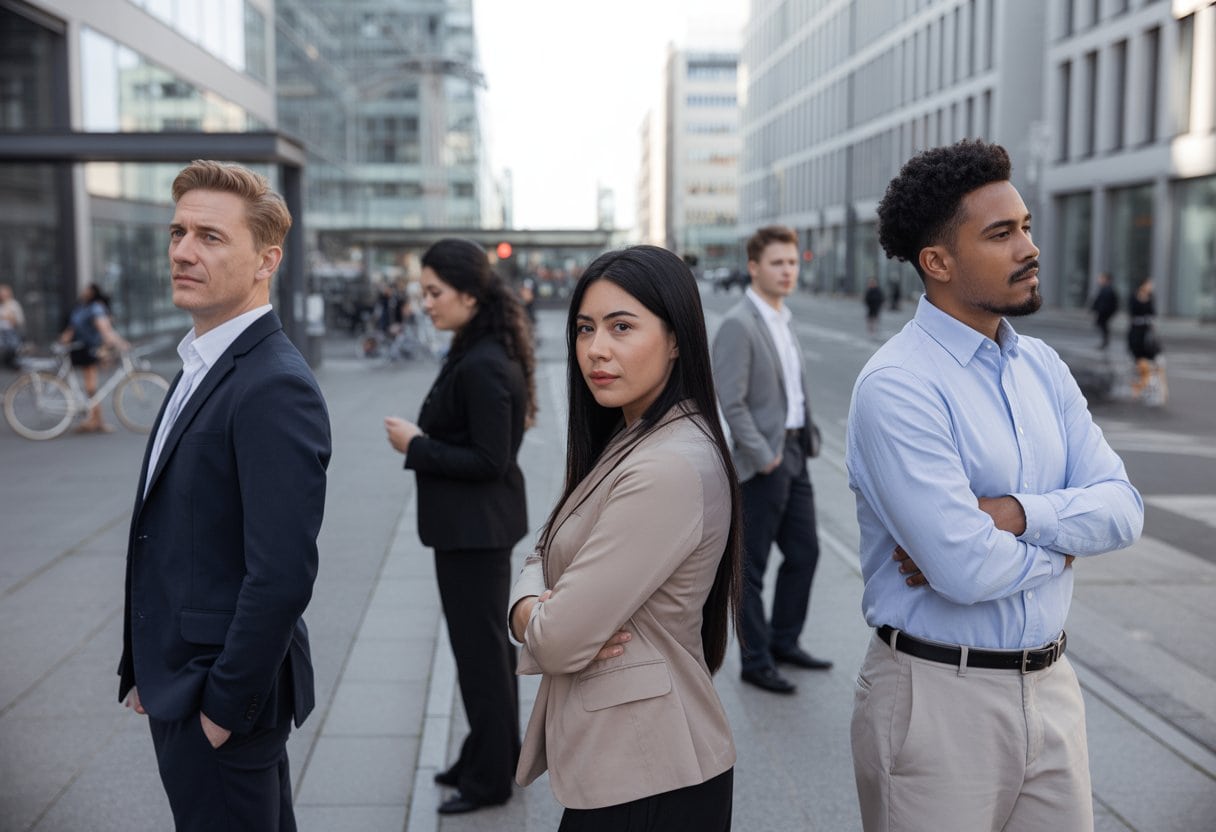 Integration gescheitert: Deutschlands multikulturelle Illusion im Faktencheck 1 Eine Gruppe von Menschen unterschiedlicher Herkunft steht in einer deutschen Stadt, wirkt aber distanziert und nachdenklich zueinander.