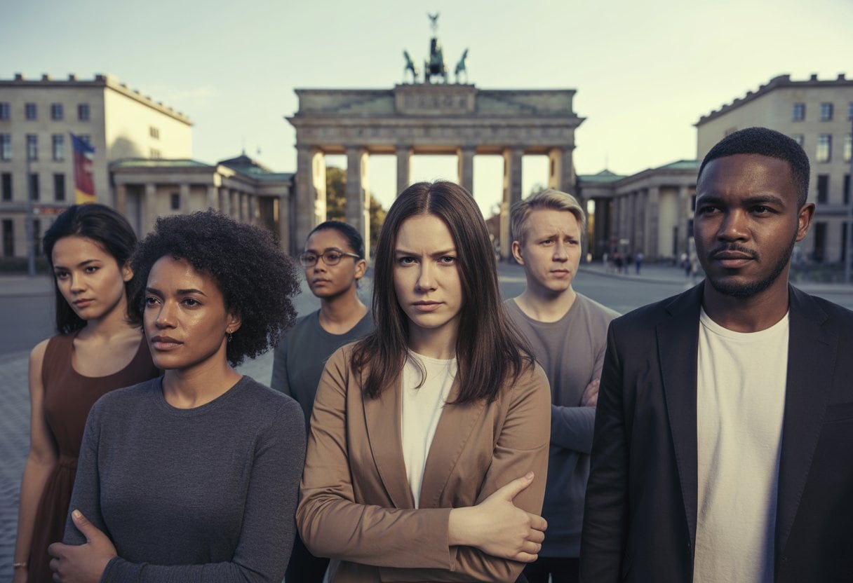 Integration gescheitert: Deutschlands multikulturelle Illusion im Faktencheck 2 Eine Gruppe von Menschen unterschiedlicher Herkunft steht in einer deutschen Stadt, einige wirken nachdenklich und distanziert.