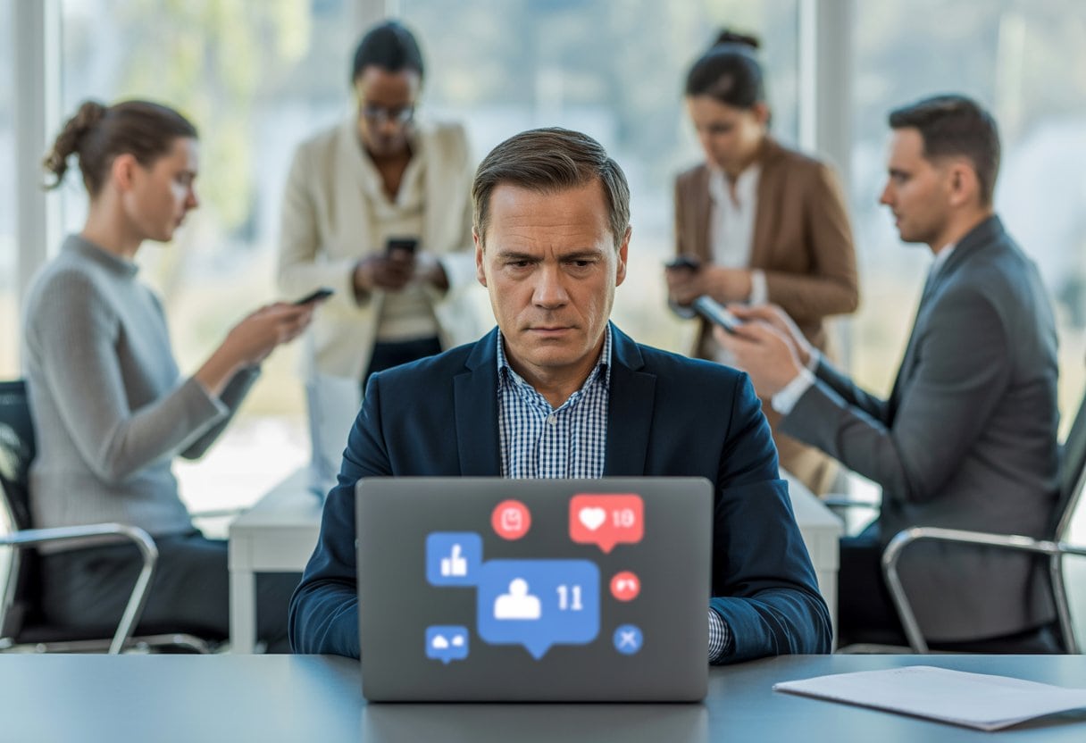 Ein Mann mit ernstem Gesicht sitzt an einem Schreibtisch vor einem Laptop in einem modernen Büro, im Hintergrund sind verschwommene Kollegen zu sehen.