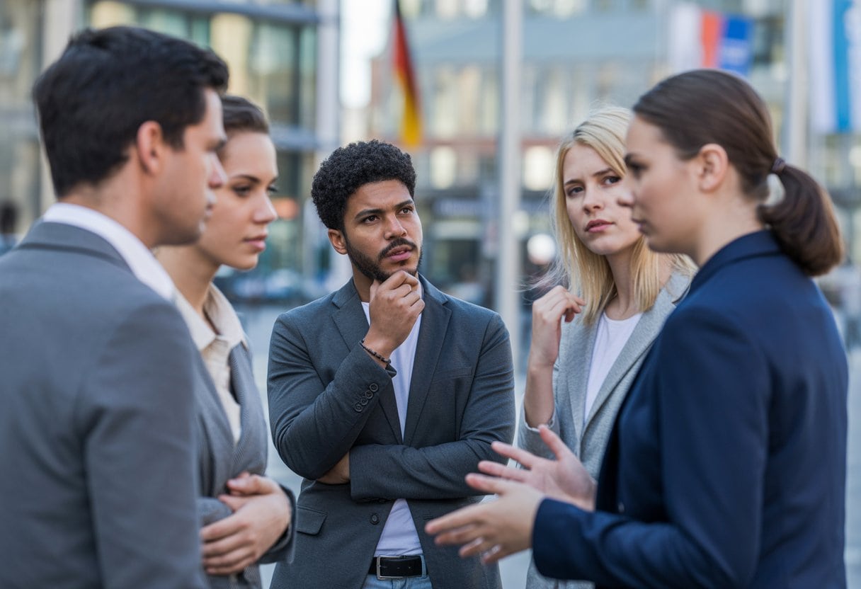 Integration gescheitert: Deutschlands multikulturelle Illusion im Faktencheck 3 Eine Gruppe von Menschen unterschiedlicher Herkunft diskutiert ernsthaft in einer urbanen Umgebung in Deutschland.