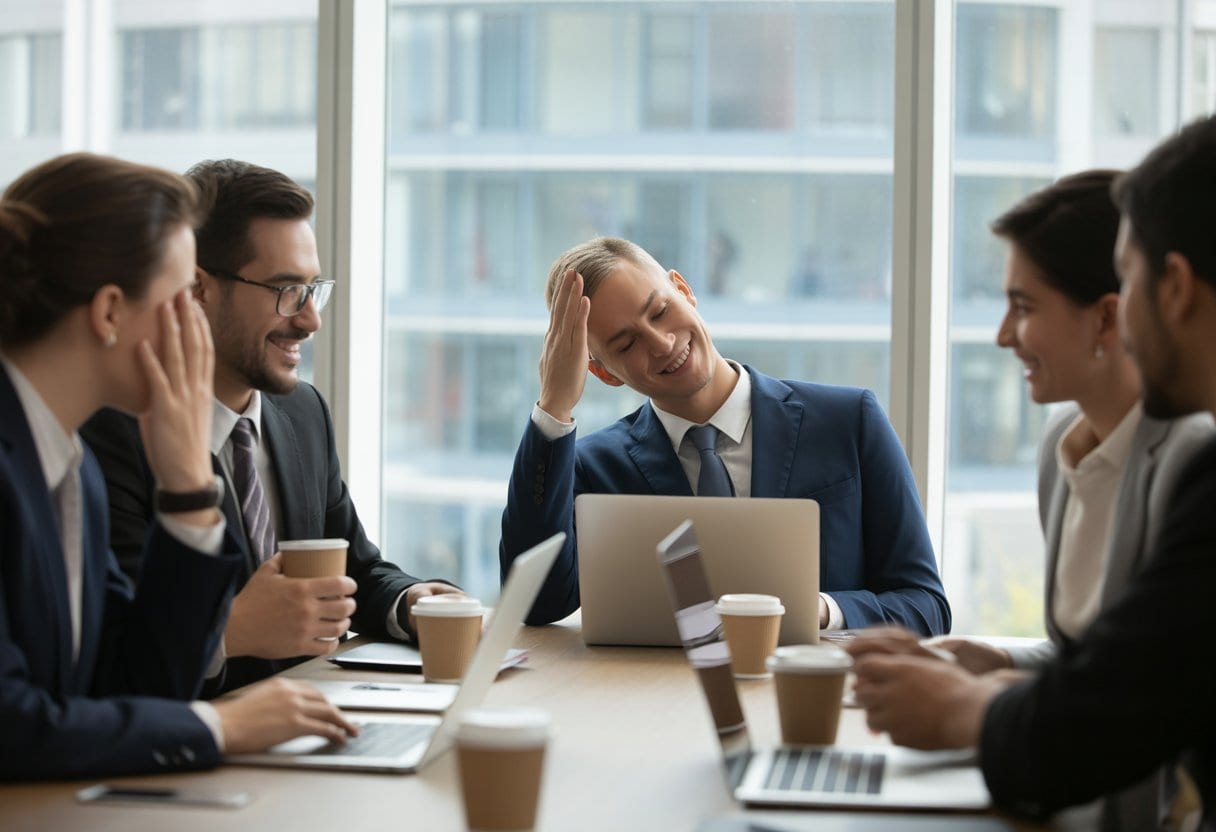 Warum uns andere Länder zurecht auslachen – Hintergründe und Auswirkungen 1 Eine Gruppe internationaler Geschäftsleute in einem modernen Büro, die sich amüsieren und miteinander sprechen.