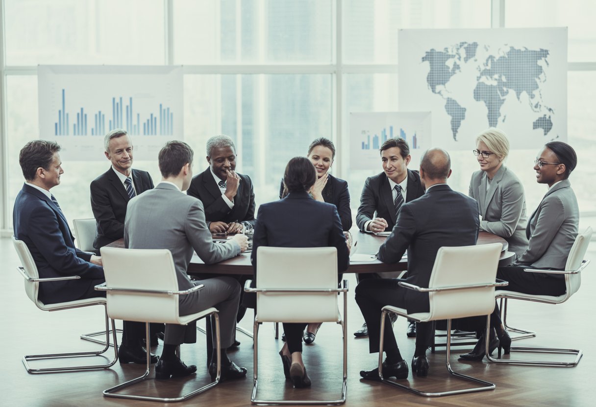 Warum uns andere Länder zurecht auslachen – Hintergründe und Auswirkungen 2 Eine Gruppe internationaler Geschäftsleute sitzt an einem Konferenztisch und diskutiert ernsthaft in einem modernen Büro mit Blick auf eine Stadt.