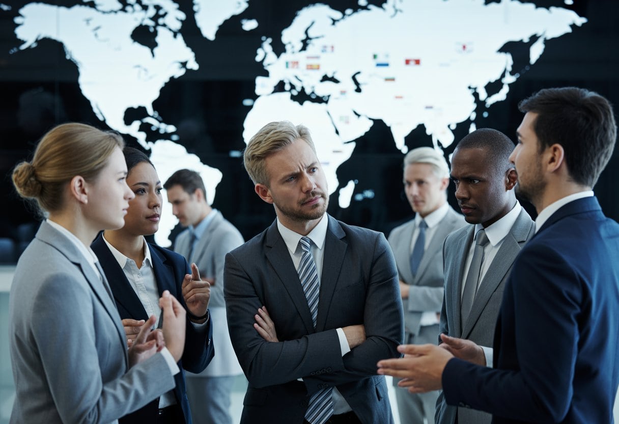 Warum uns andere Länder zurecht auslachen – Hintergründe und Auswirkungen 3 Eine Gruppe internationaler Geschäftsleute diskutiert ernsthaft in einem modernen Konferenzraum vor einer Weltkarte.