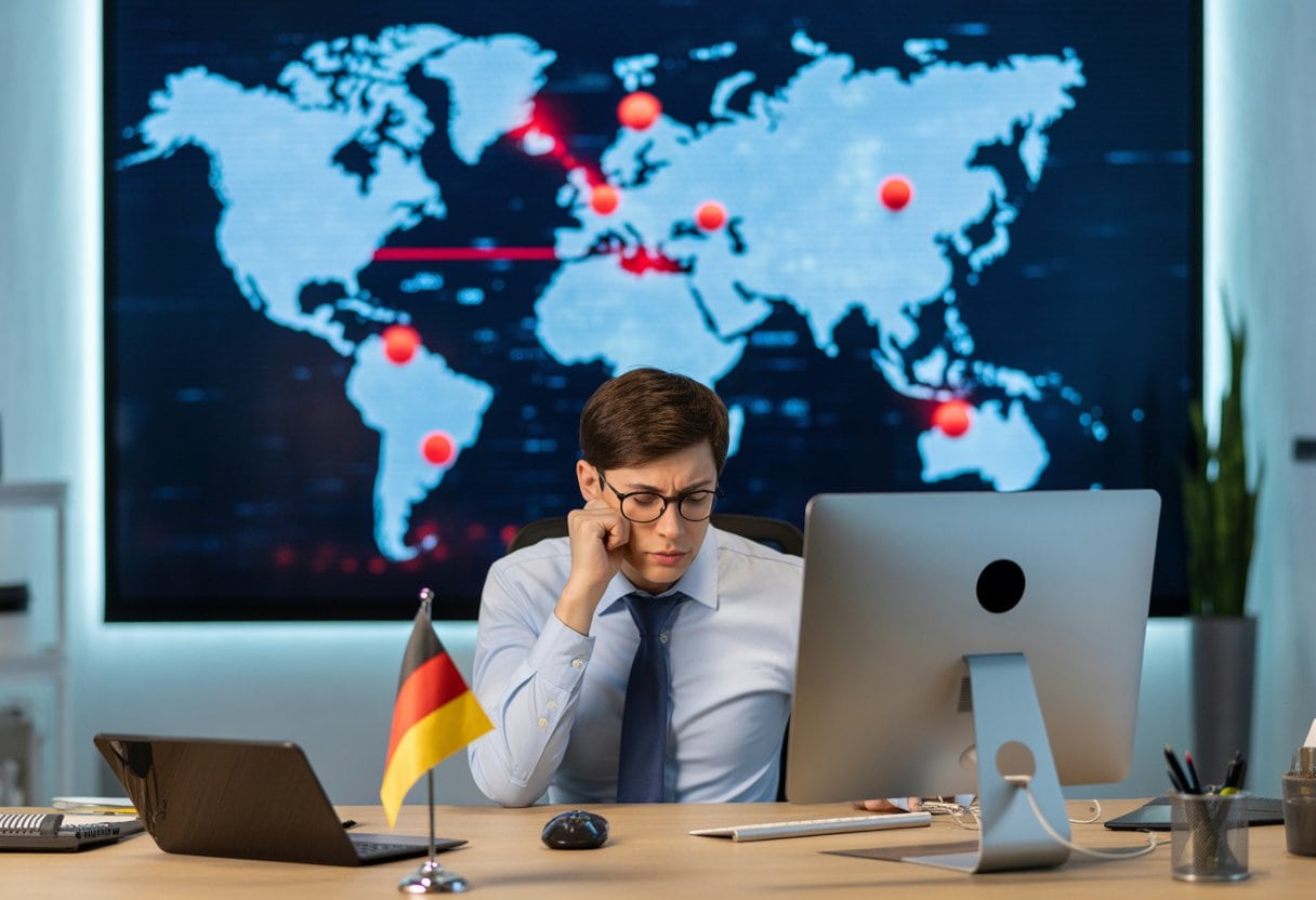 Ein junger deutscher Berufstätiger in einem Büro wirkt besorgt, während er an einem veralteten Computer arbeitet, im Hintergrund eine Weltkarte mit Deutschland und anderen technologisch fortgeschrittenen Ländern.
