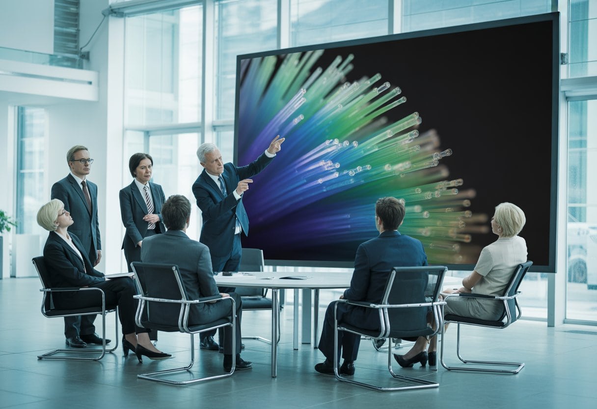 Politiker und Technikexperten diskutieren ernsthaft in einem modernen Büro vor einem Bildschirm mit leuchtenden Glasfaserkabeln.