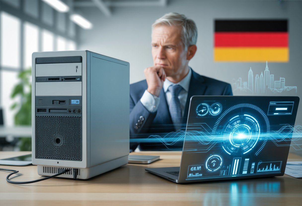 Ein nachdenklicher Geschäftsmann steht zwischen einem alten Computer und einem modernen Laptop in einem Büro, das den technologischen Rückstand Deutschlands zeigt.