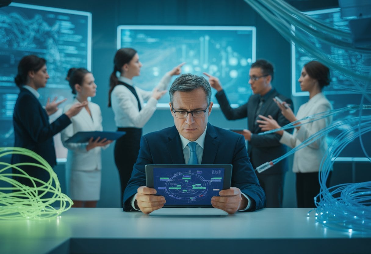 Ein Politiker sitzt verwirrt an einem Schreibtisch, umgeben von Glasfaserkabeln und digitalen Bildschirmen, während Techniker im Hintergrund diskutieren.
