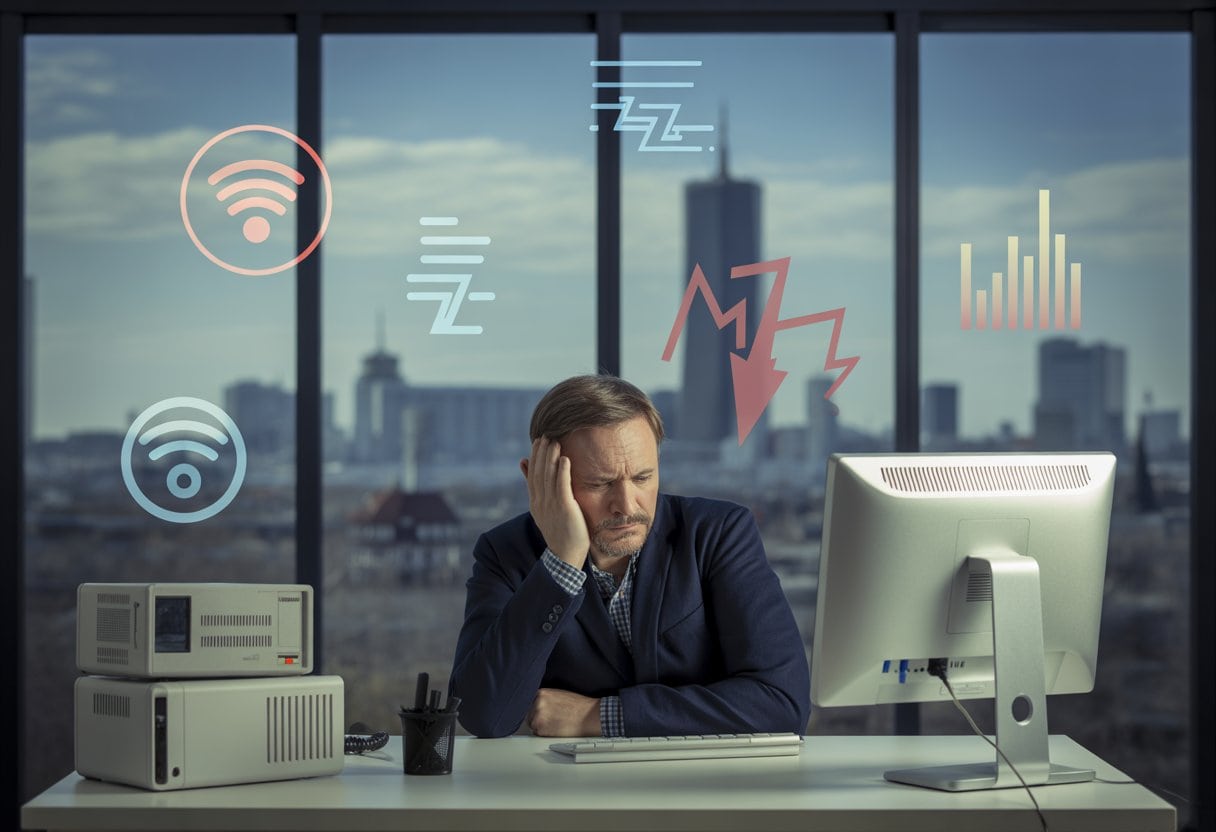 Ein Mann sitzt an einem Schreibtisch mit veralteter Computertechnik, im Hintergrund ist eine Mischung aus modernen und älteren Gebäuden einer deutschen Stadt zu sehen.