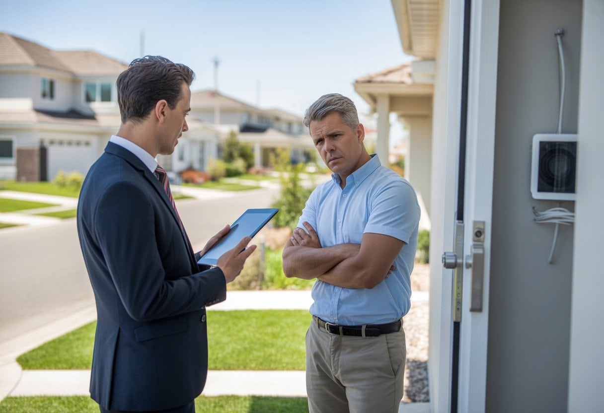 Ein Vertriebsmitarbeiter spricht an der Haustür mit einem skeptischen Hausbesitzer in einem Wohnviertel.