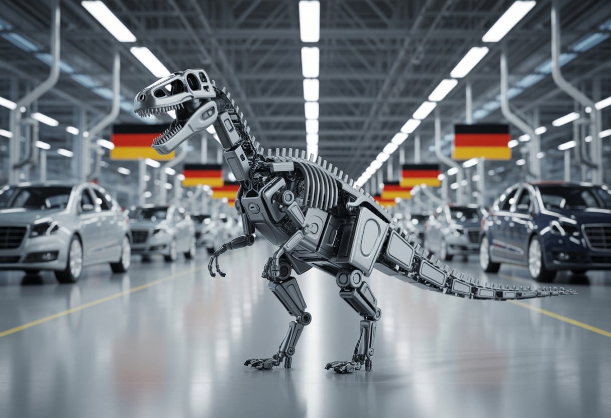 Deutsche Auto-Industrie: Vom Weltmarktführer zum Dinosaurier – Ursachen, Folgen, Ausblick 1 Eine moderne deutsche Autofabrik mit einem großen mechanischen Dinosaurier aus Autoteilen im Vordergrund.
