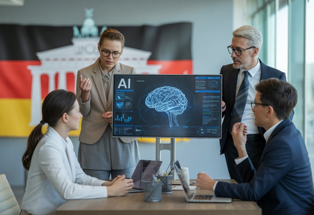 Eine Gruppe von Fachleuten diskutiert vor einem großen Bildschirm mit komplexen KI-Daten in einem modernen Büro, im Hintergrund sind deutsche Symbole leicht erkennbar.