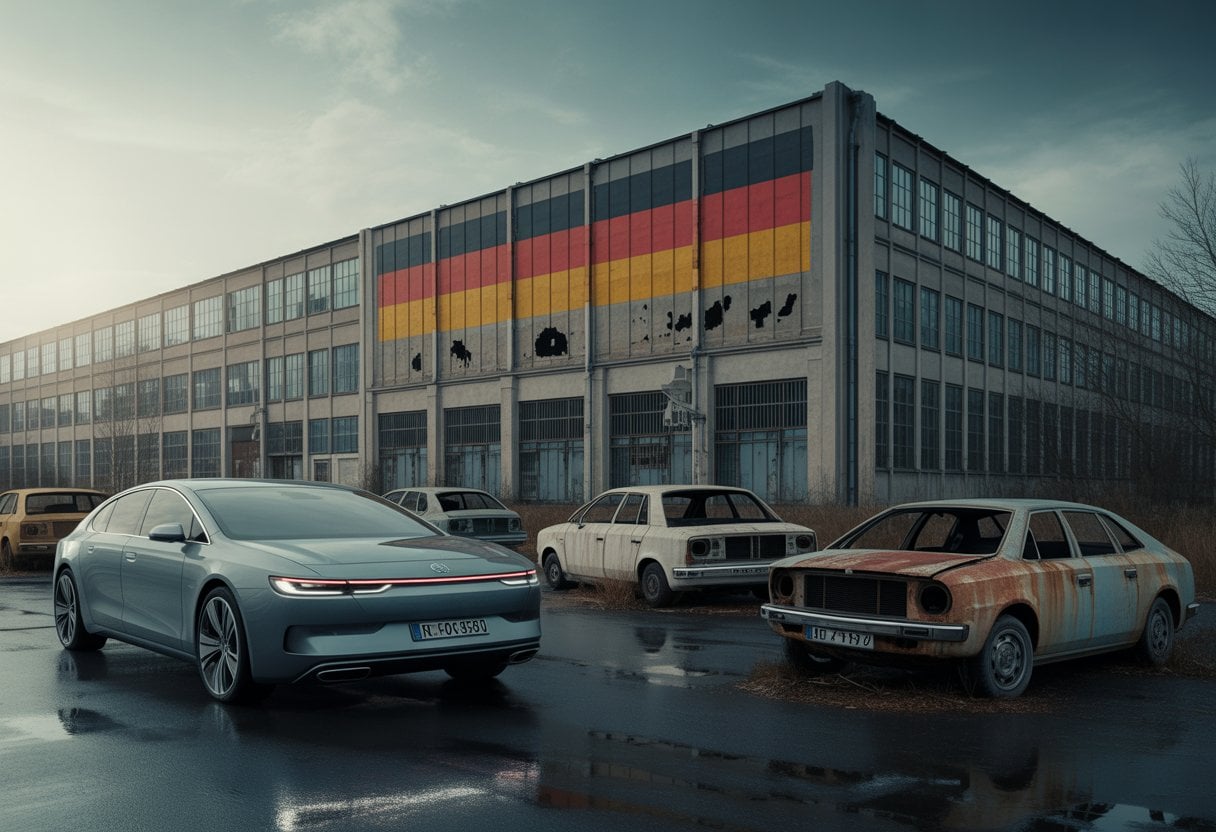 Deutsche Auto-Industrie: Vom Weltmarktführer zum Dinosaurier – Ursachen, Folgen, Ausblick 2 Eine deutsche Stadt mit modernen und veralteten Autos vor einer alten Fabrik, die den Wandel der Autoindustrie zeigt.