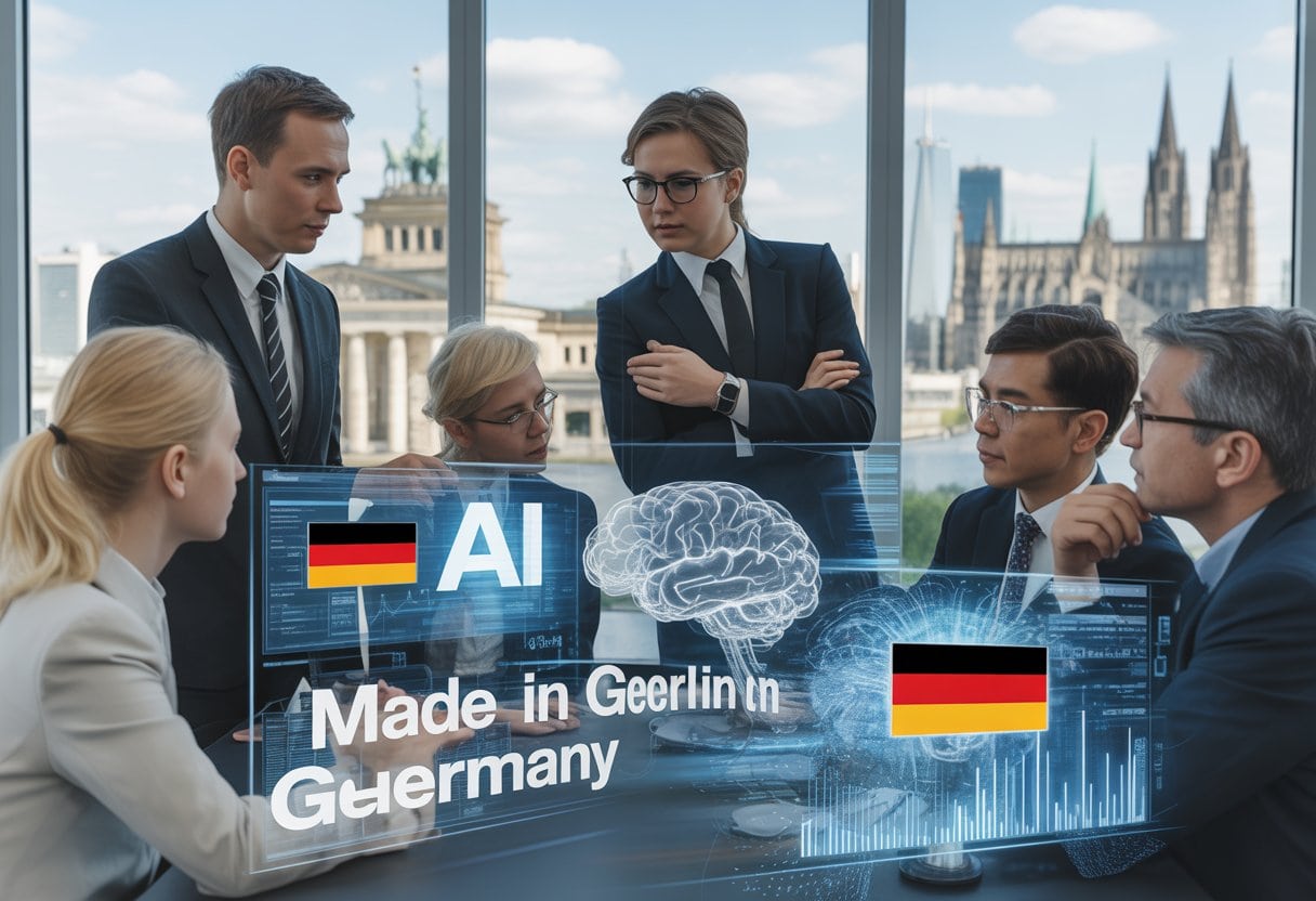 Mehrere Fachleute diskutieren in einem modernen Büro vor transparenten Bildschirmen mit KI-Diagrammen und einer deutschen Stadtkulisse im Hintergrund.