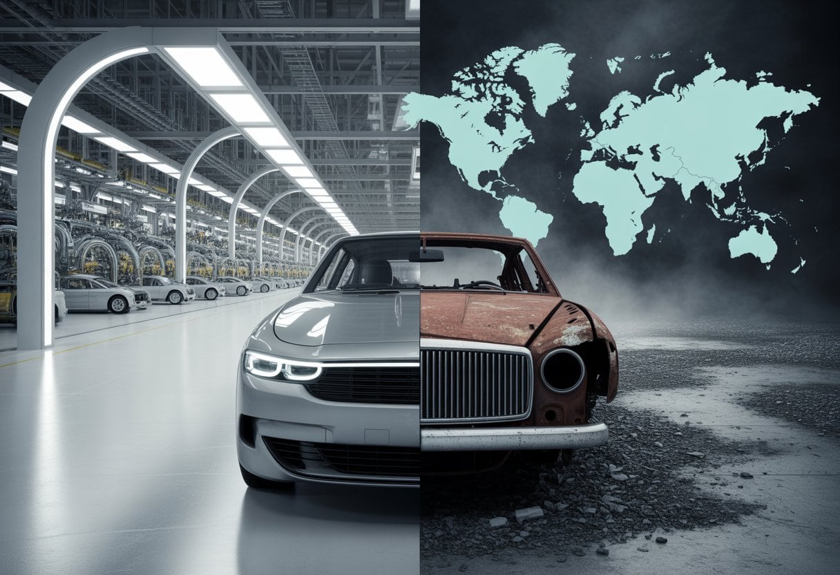 Deutsche Auto-Industrie: Vom Weltmarktführer zum Dinosaurier – Ursachen, Folgen, Ausblick 3 Ein Bild zeigt eine moderne deutsche Autofabrik neben einer verlassenen, verrosteten Fabrik mit einem alten Auto, im Hintergrund eine Weltkarte mit Deutschland hervorgehoben.