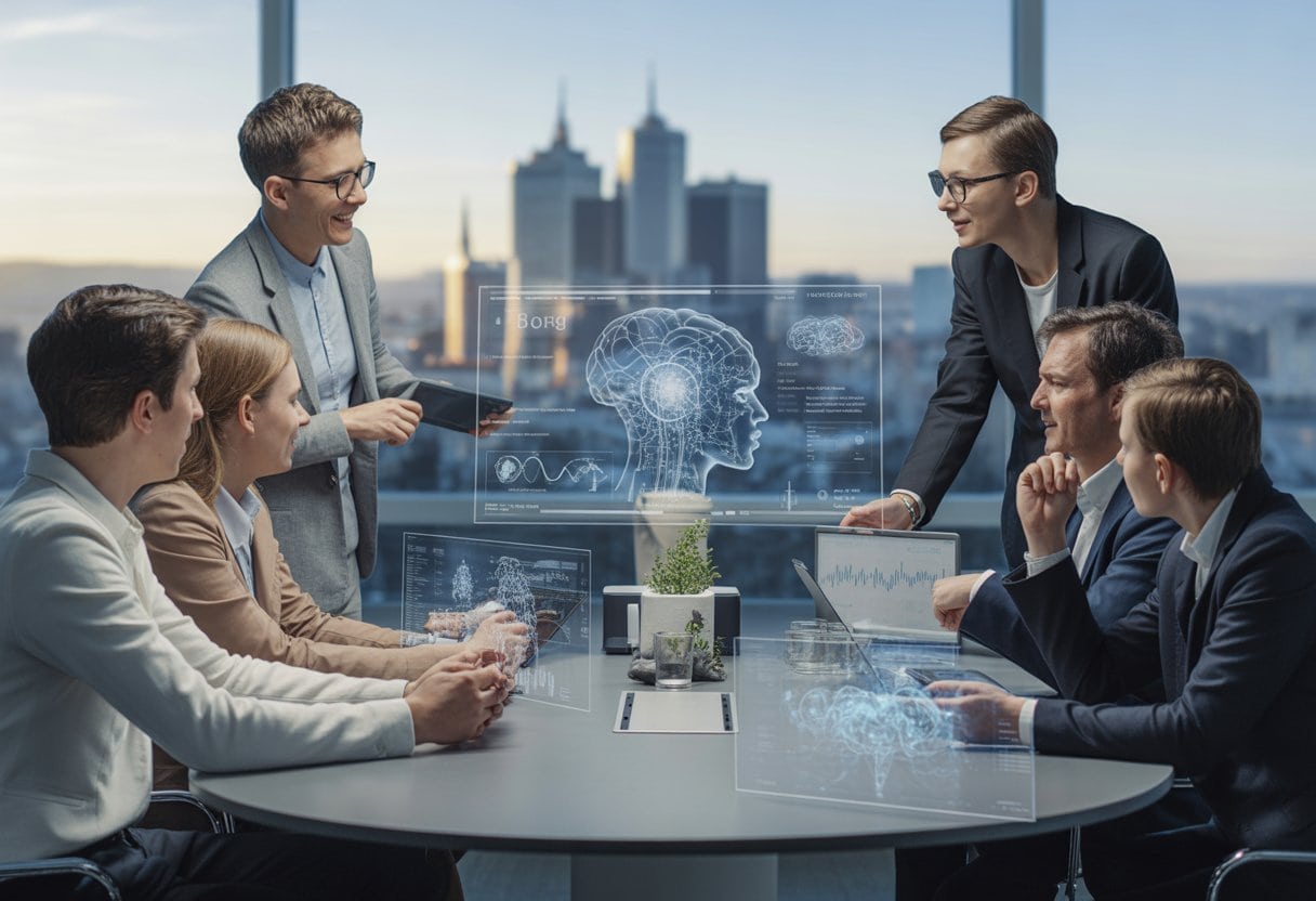 Mehrere Fachleute diskutieren in einem modernen Büro um einen Tisch mit digitalen Bildschirmen, im Hintergrund ist eine deutsche Stadt zu sehen.