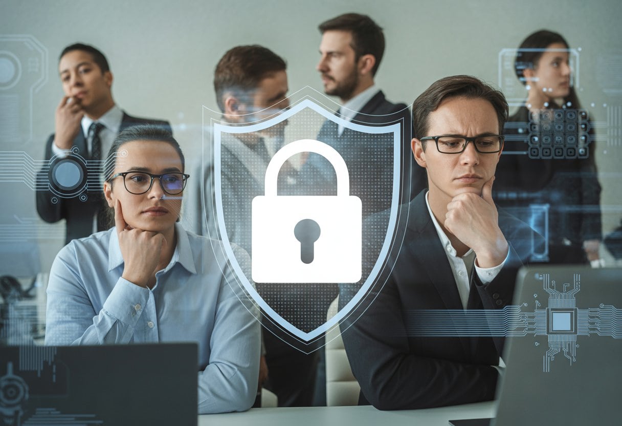 Datenschutz-Wahn lähmt Innovation: Deutschlands Tech-Koma erklärt 2 Menschen in einem modernen Büro wirken besorgt und eingeschränkt, während ein großes digitales Schloss vor futuristischer Technologie schwebt.