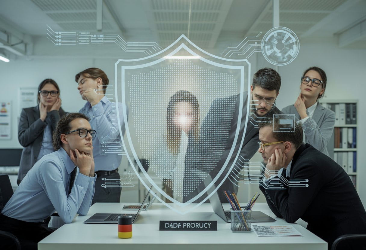 Datenschutz-Wahn lähmt Innovation: Deutschlands Tech-Koma erklärt 3 Mehrere Fachleute sitzen in einem modernen Büro und wirken frustriert, während ein großer transparenter Schutzschild ihre Sicht auf futuristische Technologie blockiert.