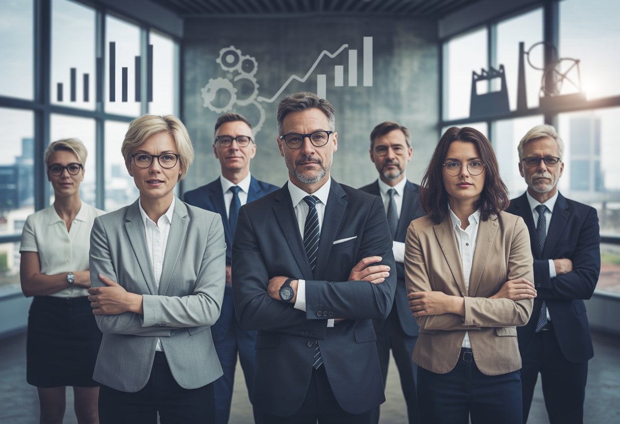 Eine Gruppe von Geschäftsleuten in einem modernen Büro, die zusammenstehen und die Bedeutung des Mittelstands in Deutschland symbolisieren.