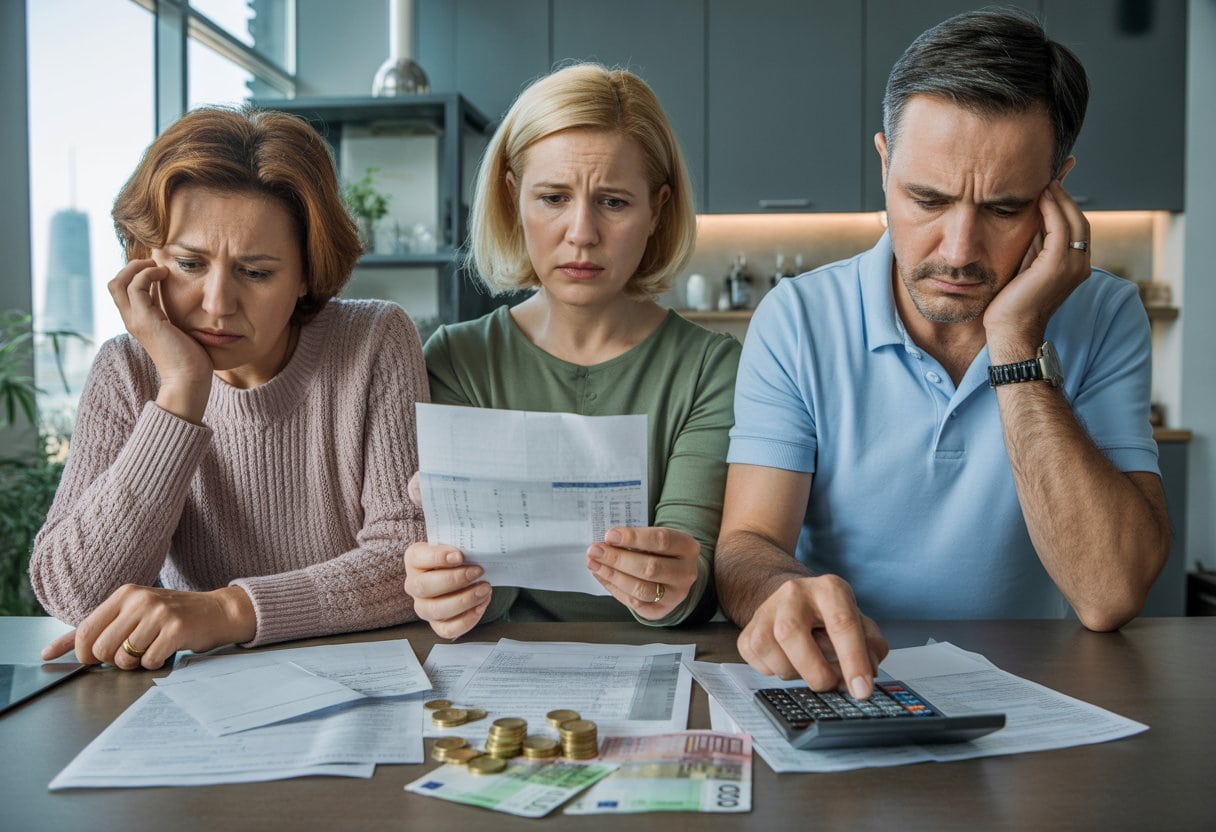 Steuer-Hölle Deutschland: Wie der Staat uns alle arm macht – Ursachen, Auswirkungen und Lösungen 2 Eine besorgte deutsche Familie sitzt am Küchentisch und betrachtet Rechnungen und Steuerunterlagen.