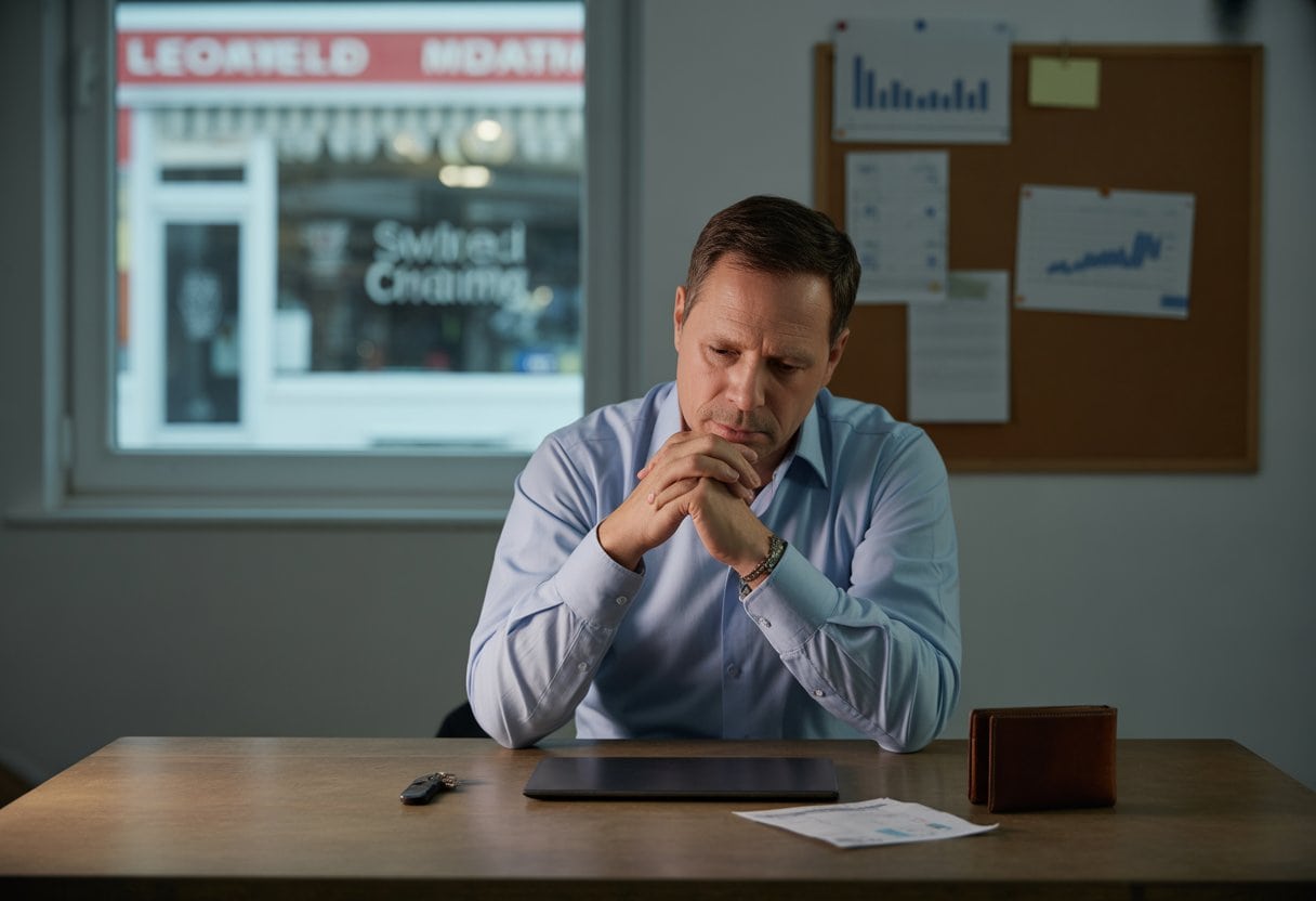 Ein nachdenklicher Mann sitzt allein an einem Schreibtisch in einem einfachen Büro, mit einem geschlossenen Laden im Hintergrund.
