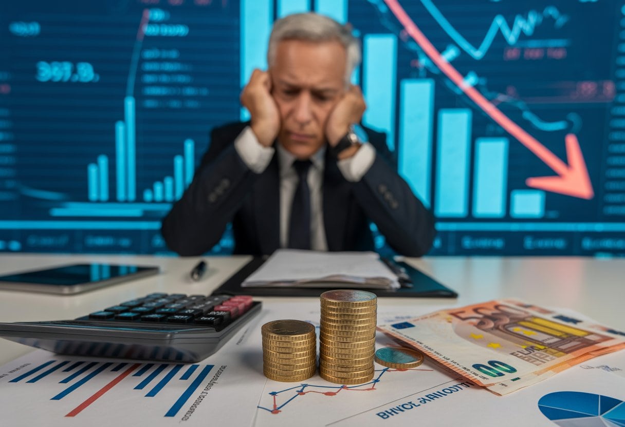 Steuer-Hölle Deutschland: Wie der Staat uns alle arm macht – Ursachen, Auswirkungen und Lösungen 3 Ein besorgter Geschäftsmann analysiert Finanzdokumente und Diagramme zu Staatseinnahmen, Ausgaben und Verschuldung an einem Schreibtisch mit Euro-Geld und Taschenrechner.