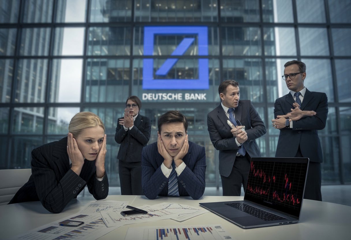 Deutsche Bank-Pleite: Wenn Gier auf Inkompetenz trifft – Ursachen, Folgen und Lehren 2 Geschäftsleute in einem Büro wirken besorgt, im Hintergrund ein modernes Gebäude mit verschwommenem Firmenlogo, auf dem Tisch liegen Finanzdokumente und ein Laptop mit Warnhinweisen.