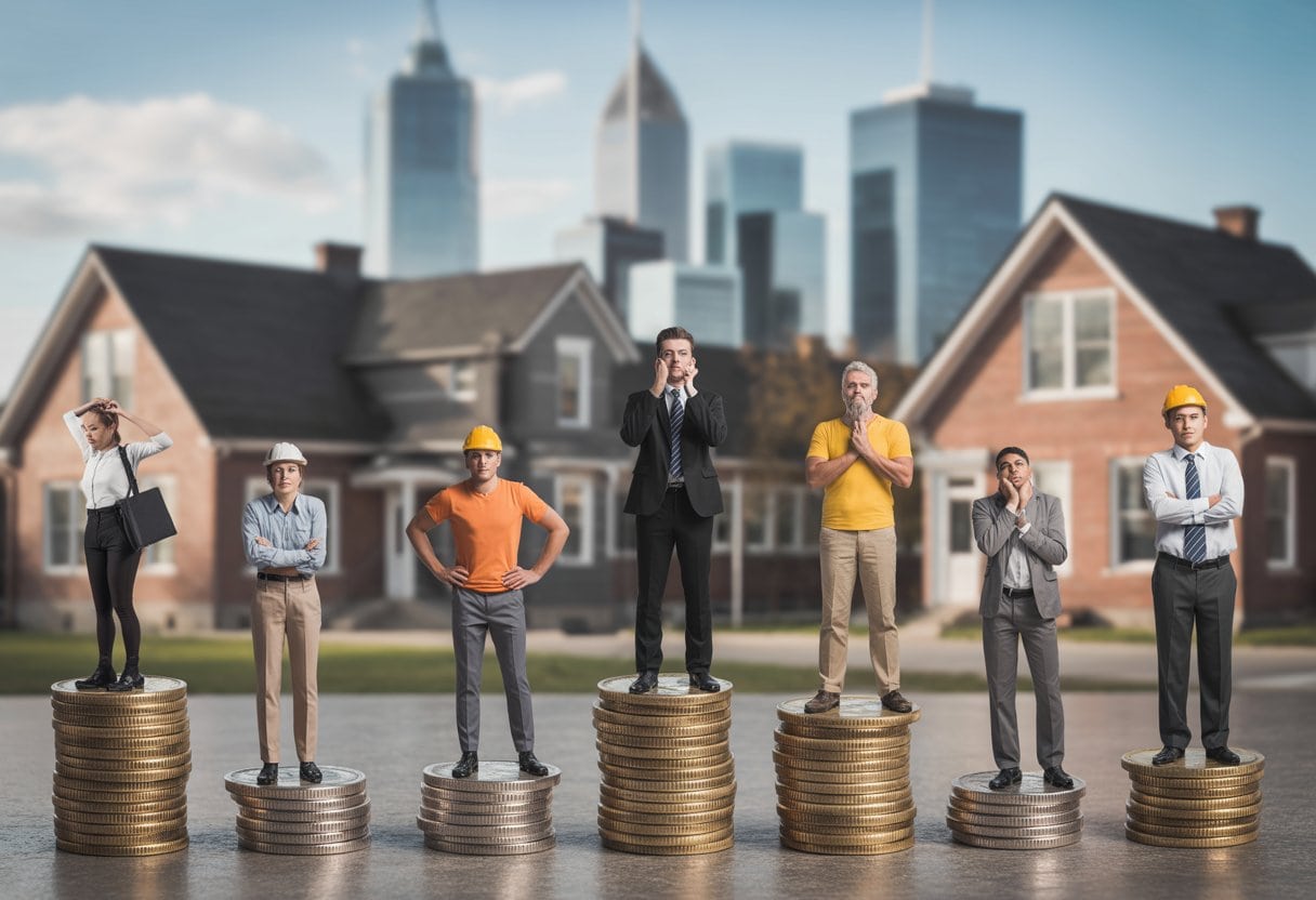 Eine Gruppe von Arbeitern steht auf ungleichen Stapeln von Münzen und Geldscheinen vor einer Stadtlandschaft mit Firmengebäuden und Wohnhäusern.