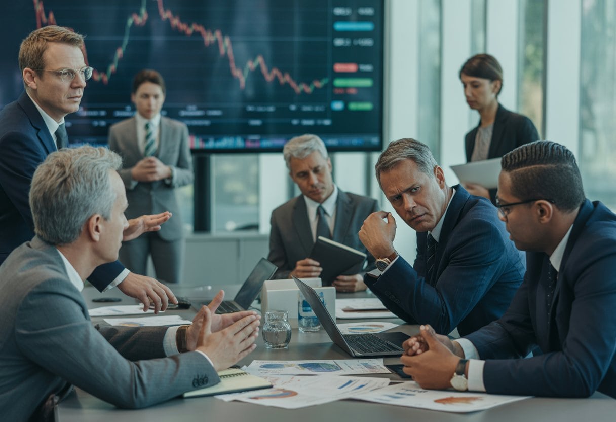 Deutsche Bank-Pleite: Wenn Gier auf Inkompetenz trifft – Ursachen, Folgen und Lehren 3 Geschäftsleute in einem modernen Konferenzraum führen eine ernste Besprechung über finanzielle Angelegenheiten.