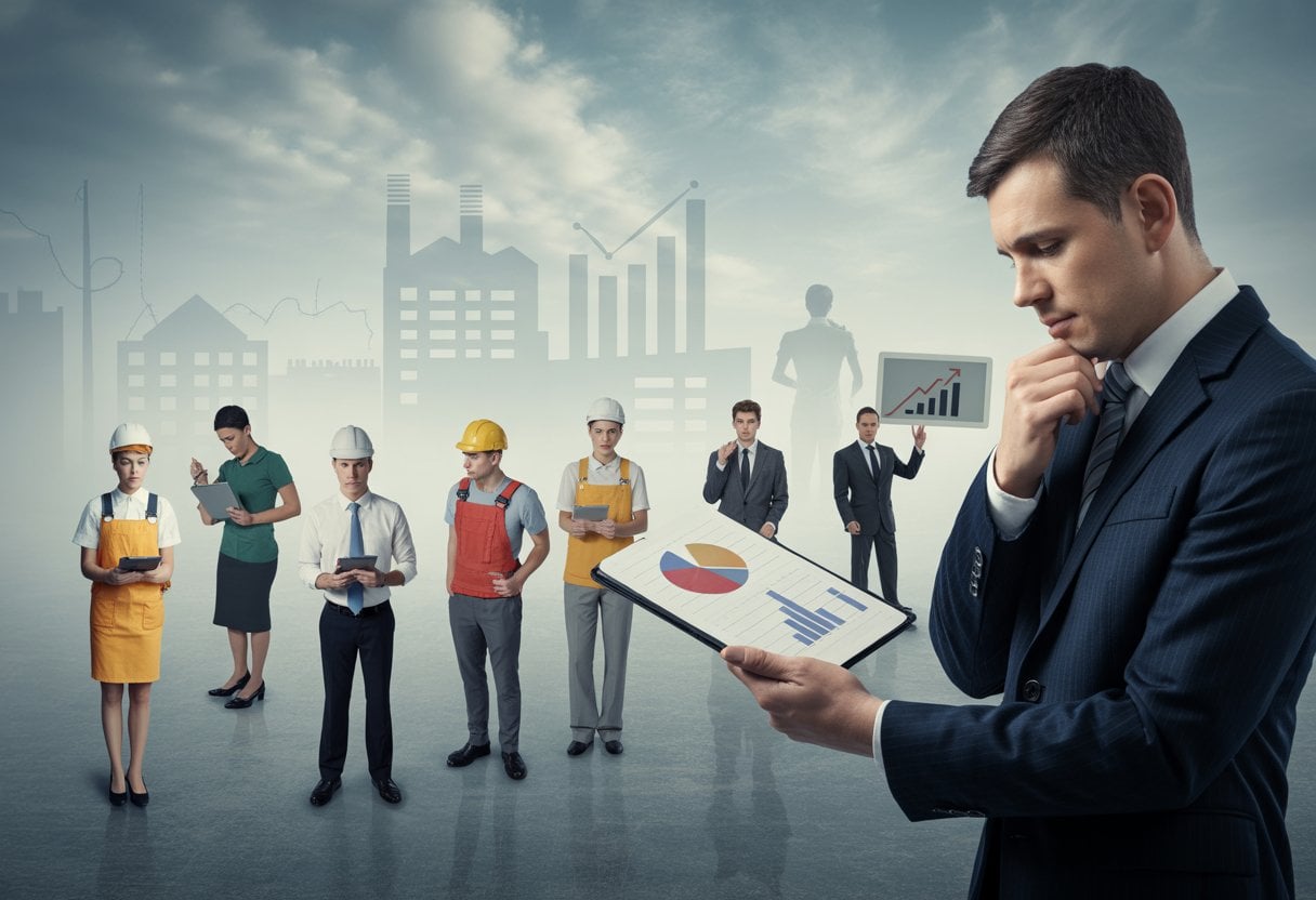 Eine Gruppe von Arbeitern aus verschiedenen Branchen bei der Arbeit, im Vordergrund eine Person in formeller Kleidung, die Finanzdaten überprüft, mit einer Stadt im Hintergrund.