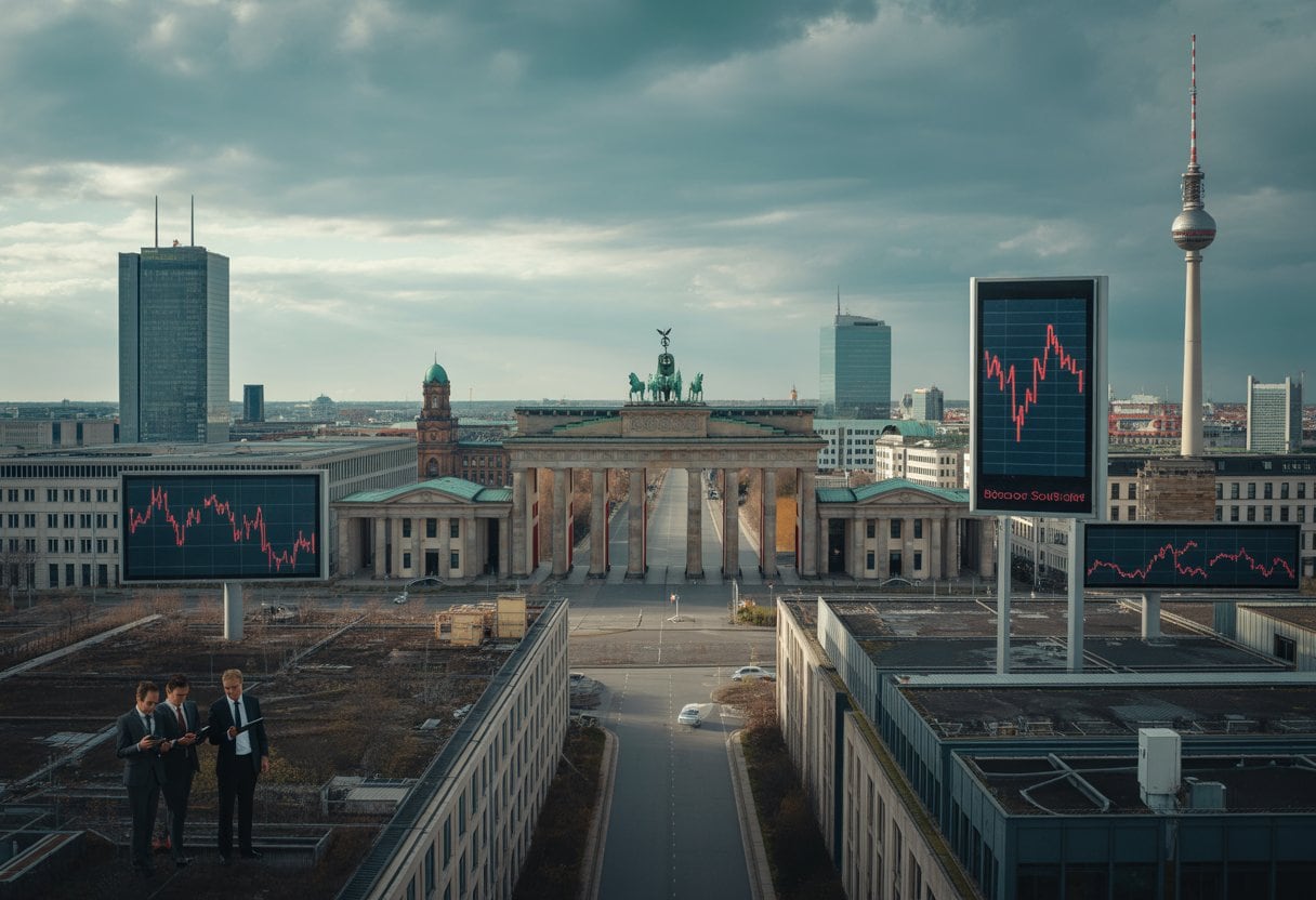 Wirtschaftsstandort am Ende – Deutschlands stiller Abstieg erklärt 2 Blick auf eine deutsche Stadt mit bekannten Gebäuden, leerstehenden Büros und Fabriken, unter bewölktem Himmel, mit besorgten Geschäftsleuten im Vordergrund.