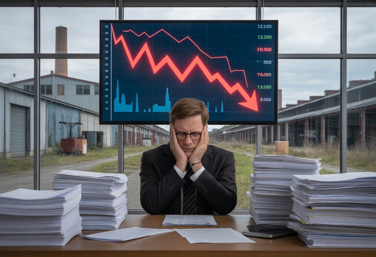 Wirtschaftsstandort am Ende – Deutschlands stiller Abstieg erklärt 3 Ein Geschäftsmann sitzt in einem Büro umgeben von Papierstapeln, im Hintergrund sind Energiepreis-Diagramme auf einem Bildschirm und eine veraltete Industrieanlage zu sehen.