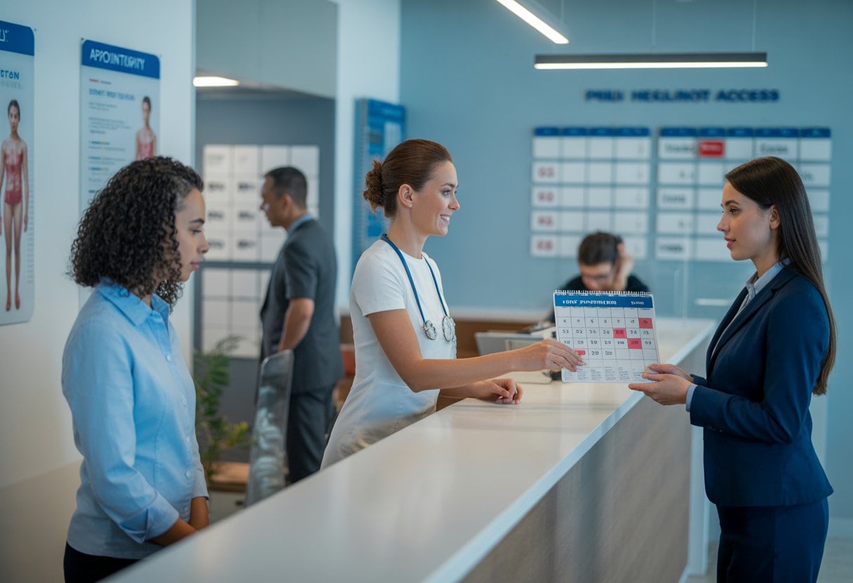 Zwei-Klassen-Medizin: Warum Privatpatienten schneller Facharzttermine erhalten 1 Eine medizinische Empfangssituation mit zwei Patientengruppen: Ein Privatpatient wird schnell bedient, während ein Kassenpatient in einer längeren Warteschlange steht.