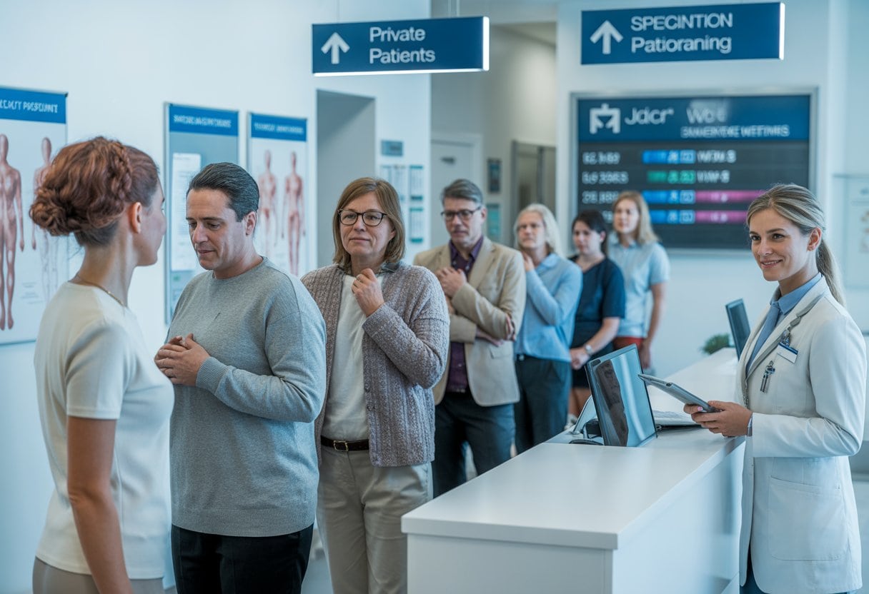 Zwei-Klassen-Medizin: Warum Privatpatienten schneller Facharzttermine erhalten 2 Empfangsbereich einer Arztpraxis mit zwei Warteschlangen, eine kürzer für Privatpatienten und eine längere für Kassenpatienten, mit Patienten und einer Empfangskraft.