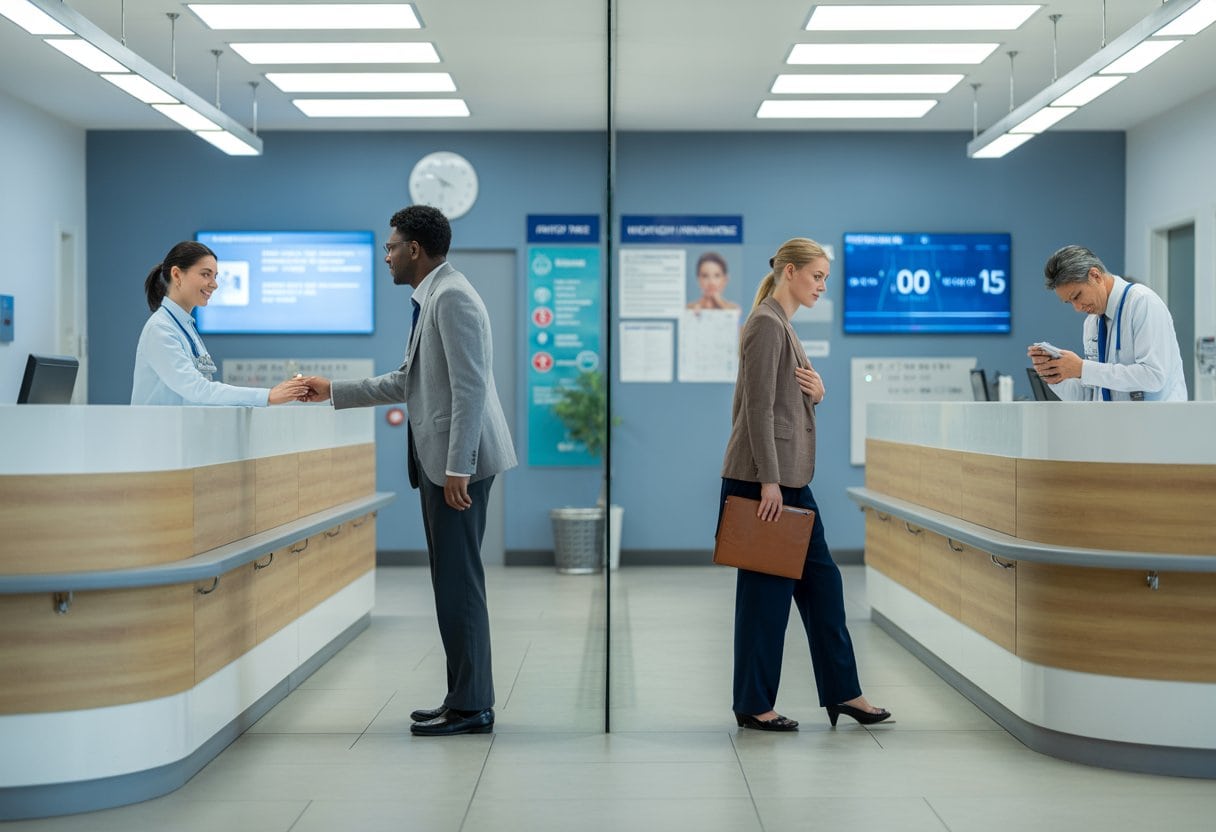 Zwei-Klassen-Medizin: Warum Privatpatienten schneller Facharzttermine erhalten 3 Ein Wartebereich in einer Arztpraxis, in dem ein Privatpatient schnell bedient wird, während ein gesetzlich versicherter Patient länger wartet.