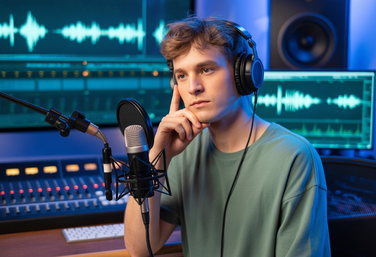 Deutschrap dominiert die Charts – aber wo bleibt die musikalische Qualität? 1 Ein junger deutscher Rapper in einem Tonstudio, der nachdenklich ein Mikrofon hält, umgeben von Musikproduktionsgeräten.