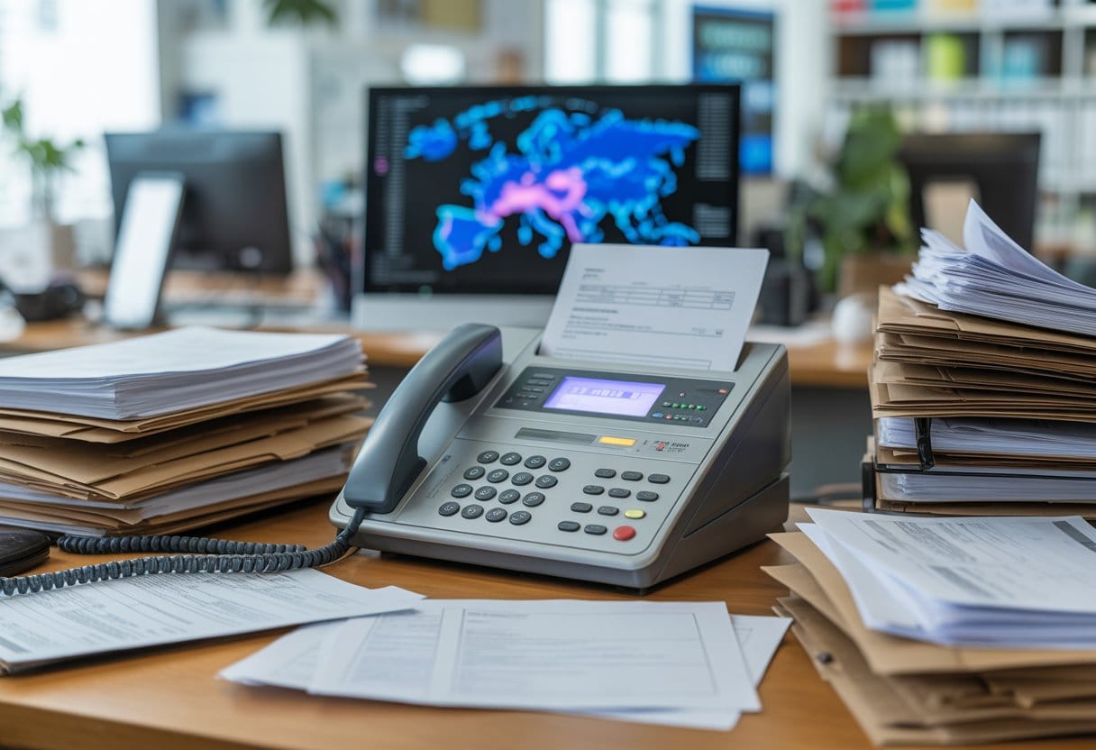 Bürokratie-Wahnsinn: Deutsche Behörden, Faxe und das digitale Europa 1 Ein Büro mit einem alten Faxgerät, das Dokumente sendet, umgeben von Papierstapeln, im Hintergrund ein moderner Computer mit digitaler Europakarte.